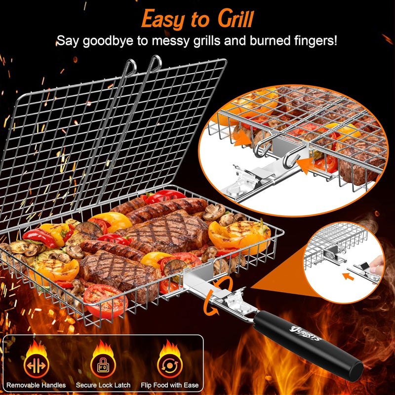 OUBRTS Grill Baskets for Outdoor Grill, 2PCS BBQ Grilling Basket with Removable Wooden Handle, Stainless Steel Camping Cooking Grill Accessories for Meat Fish Vegetable Seafood, Gifts for Men Dad Husband - Image 4